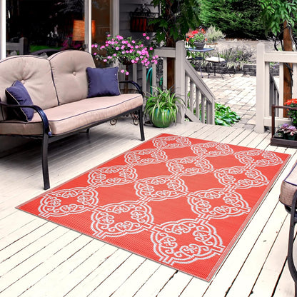 Playa Outdoor Rug - Crease-Free Recycled Plastic Floor Mat for Patio, Camping, Beach, Balcony, Porch, Deck - Weather, Water, Stain, Lightweight, Fade and UV Resistant - Marrakesh- Orange & White