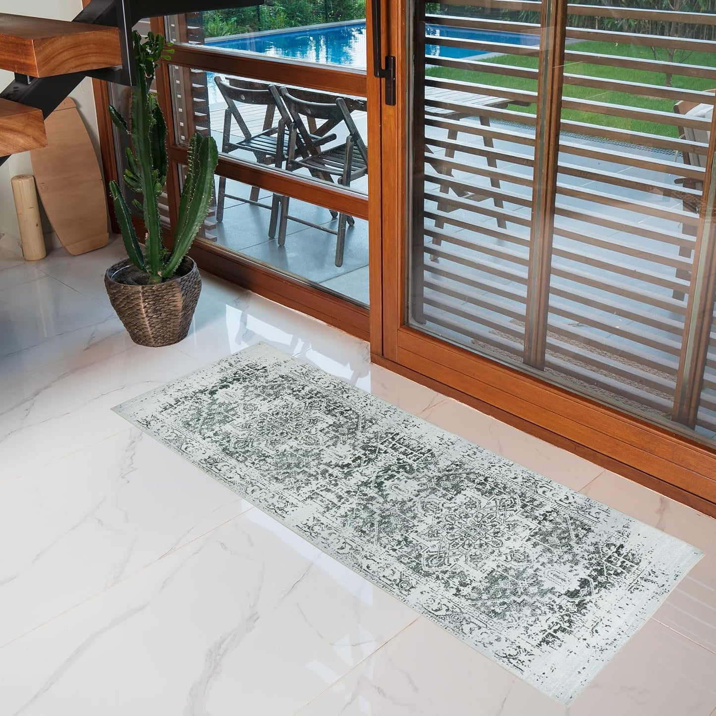 Playa Rug Machine Washable Area Rug With Non Slip Backing - Stain Resistant - Eco Friendly - Family and Pet Friendly - Himalayas Traditional Floral Abstract Green&Creme Design