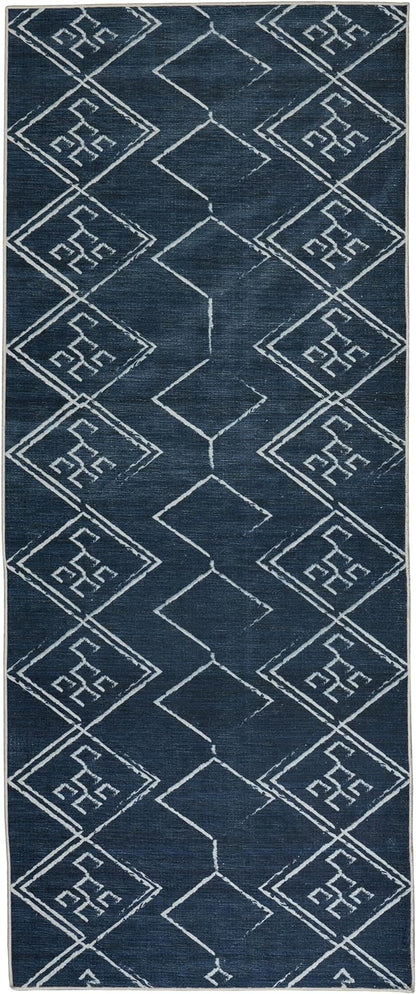 Playa Rug Machine Washable Area Rug With Non Slip Backing - Stain Resistant - Eco Friendly - Family and Pet Friendly - Aspen Tribal Moroccan Bohemian Navy&Creme Design