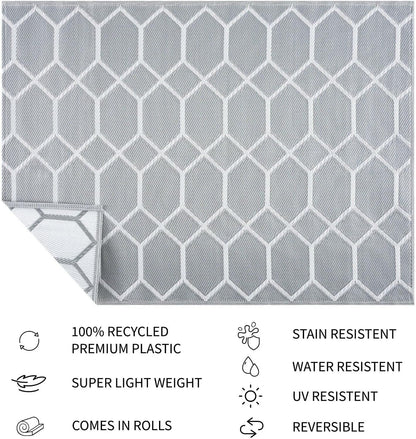 Playa Outdoor Rug - Crease-Free Recycled Plastic Floor Mat for Patio, Camping, Beach, Balcony, Porch, Deck - Weather, Water, Stain, Lightweight, Fade and UV Resistant - Miami- Gray & White