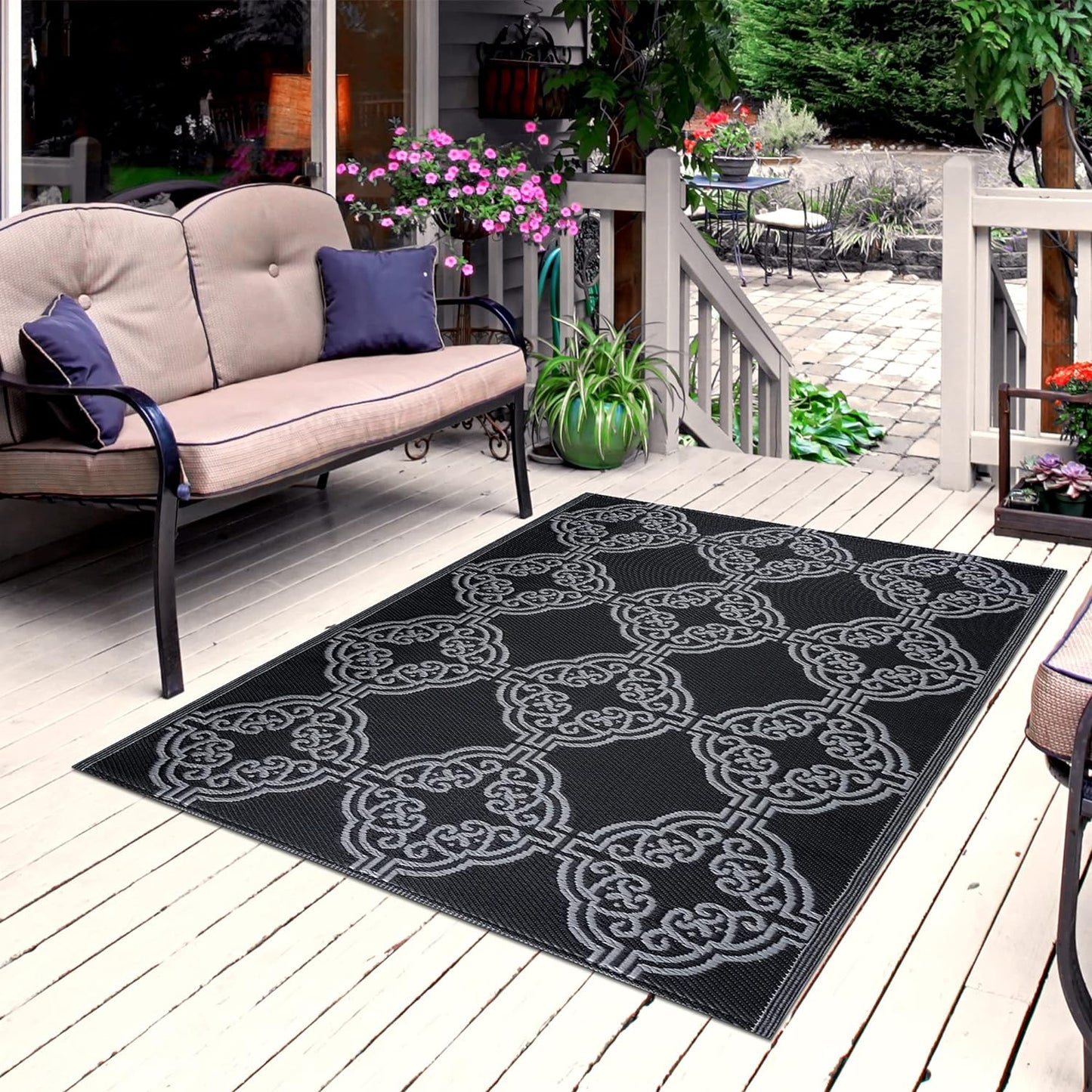 Playa Outdoor Rug - Crease-Free Recycled Plastic Floor Mat for Patio, Camping, Beach, Balcony, Porch, Deck - Weather, Water, Stain, Lightweight, Fade and UV Resistant - Marrakesh- Black & Gray