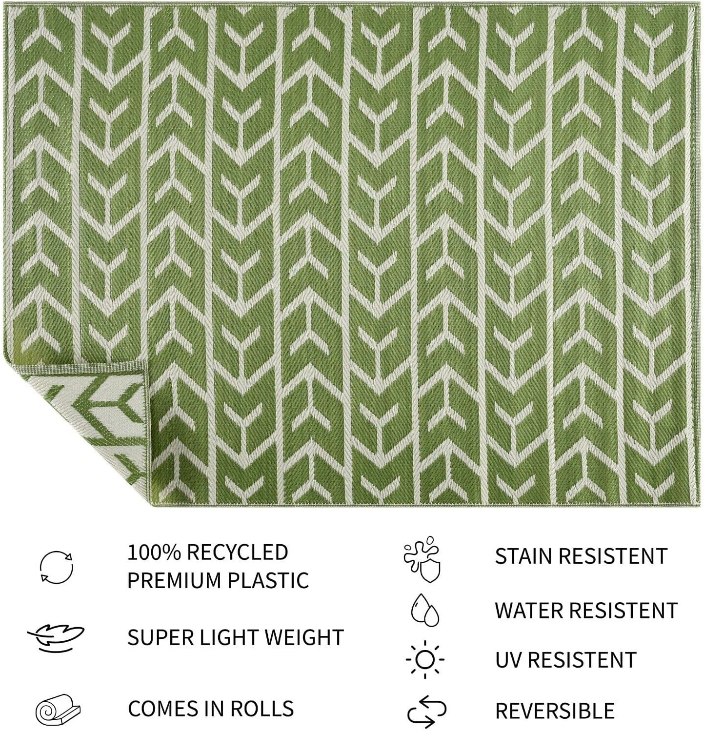 Playa Outdoor Rug - Crease-Free Recycled Plastic Floor Mat for Patio, Camping, Beach, Balcony, Porch, Deck - Weather, Water, Stain, Lightweight, Fade and UV Resistant - Amsterdam- Green & Creme