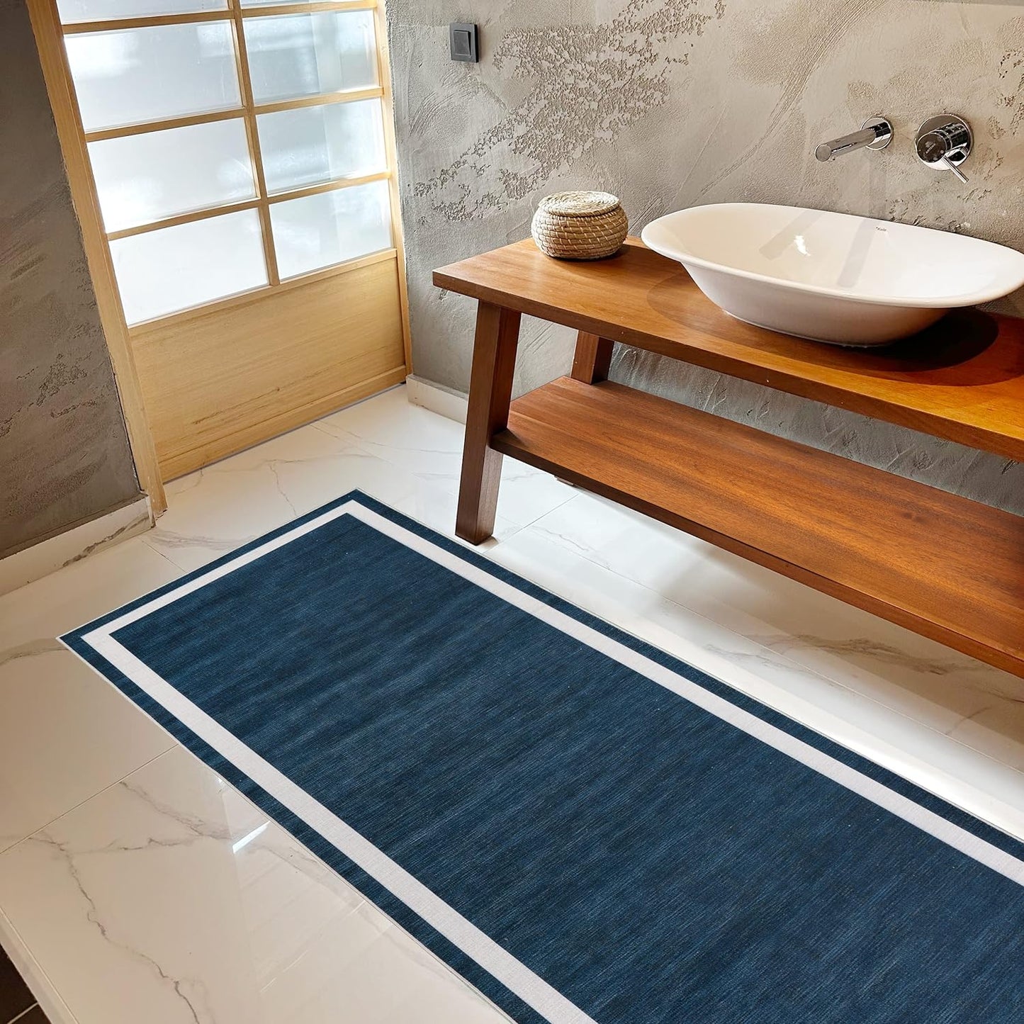 Playa Rug Machine Washable Area Rug With Non Slip Backing - Stain Resistant - Eco Friendly - Family and Pet Friendly - Everest Geometric Modern Bordered Navy&Creme Design