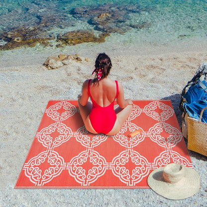 Playa Outdoor Rug - Crease-Free Recycled Plastic Floor Mat for Patio, Camping, Beach, Balcony, Porch, Deck - Weather, Water, Stain, Lightweight, Fade and UV Resistant - Marrakesh- Orange & White