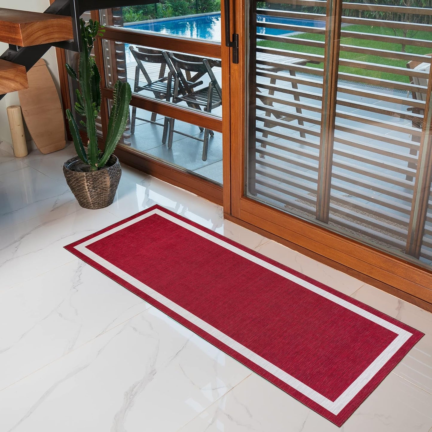 Playa Rug Machine Washable Area Rug With Non Slip Backing - Stain Resistant - Eco Friendly - Family and Pet Friendly - Everest Geometric Modern Bordered Burgundy&Creme Design