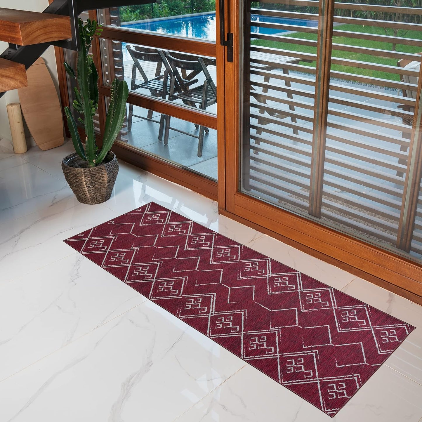 Playa Rug Machine Washable Area Rug With Non Slip Backing - Stain Resistant - Eco Friendly - Family and Pet Friendly - Aspen Tribal Moroccan Bohemian Burgundy&Creme Design