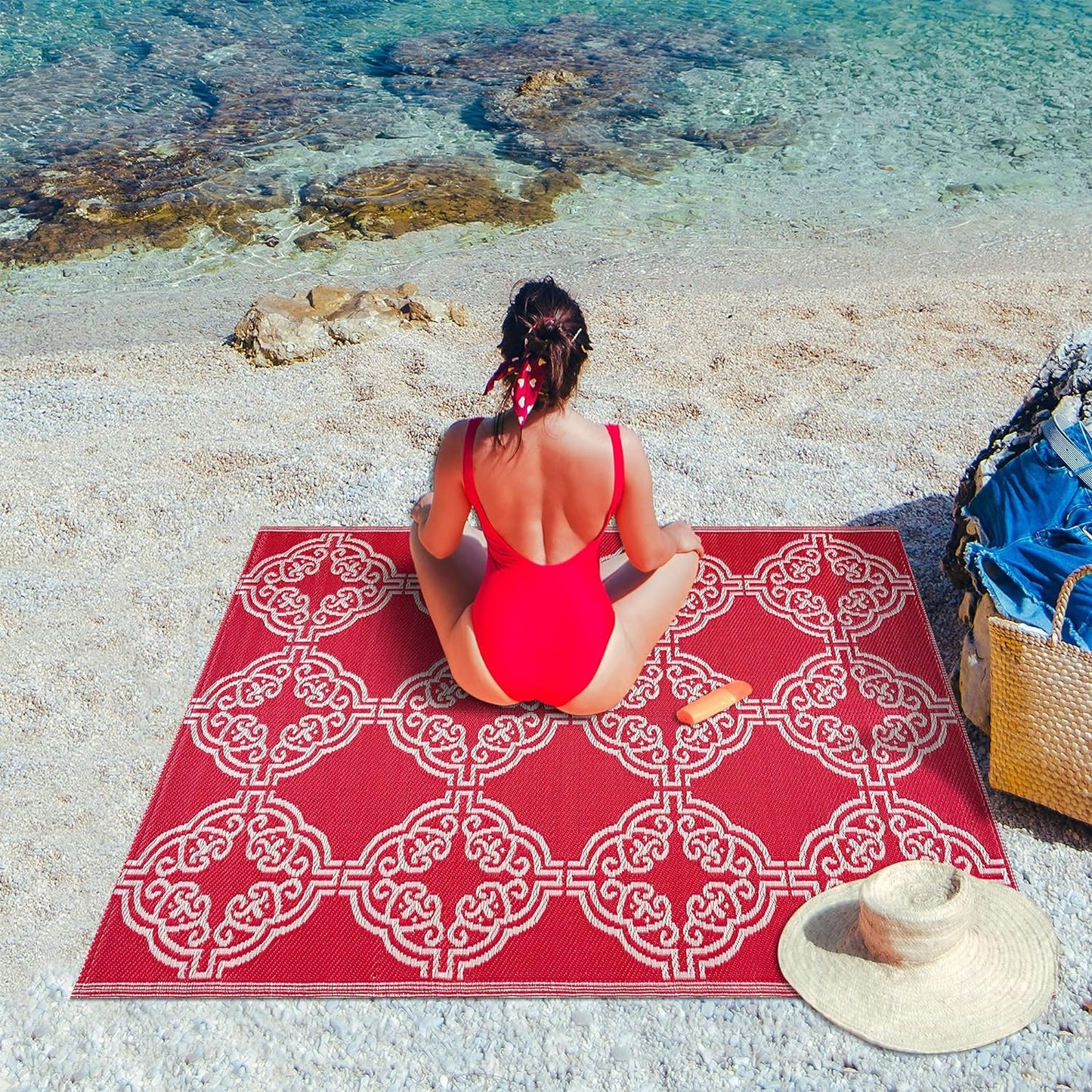 Playa Outdoor Rug - Crease-Free Recycled Plastic Floor Mat for Patio, Camping, Beach, Balcony, Porch, Deck - Weather, Water, Stain, Lightweight, Fade and UV Resistant - Marrakesh- Red & White