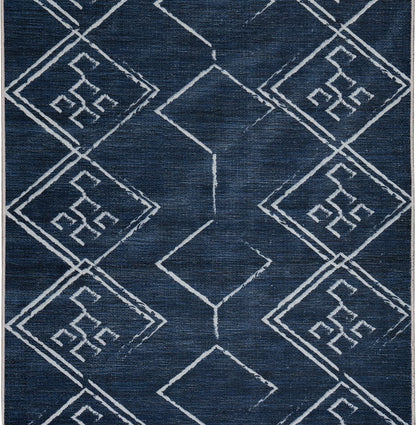 Playa Rug Machine Washable Area Rug With Non Slip Backing - Stain Resistant - Eco Friendly - Family and Pet Friendly - Aspen Tribal Moroccan Bohemian Navy&Creme Design