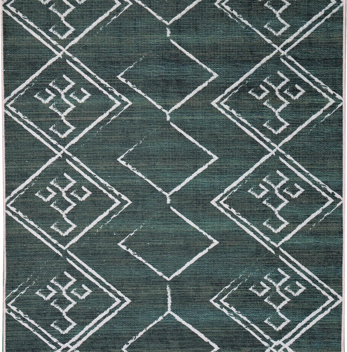 Playa Rug Machine Washable Area Rug With Non Slip Backing - Stain Resistant - Eco Friendly - Family and Pet Friendly - Aspen Tribal Moroccan Bohemian Green&Creme Design