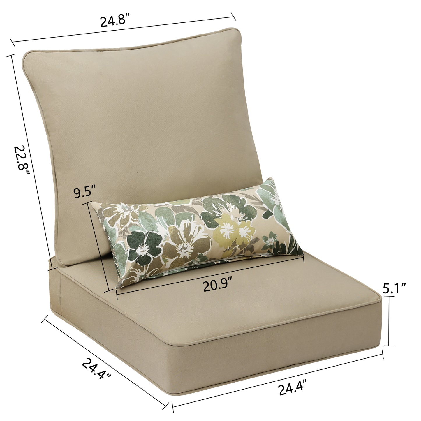 Patio Deep Chair Cushion - Set of 2 - Total 6 pieces (Brown)