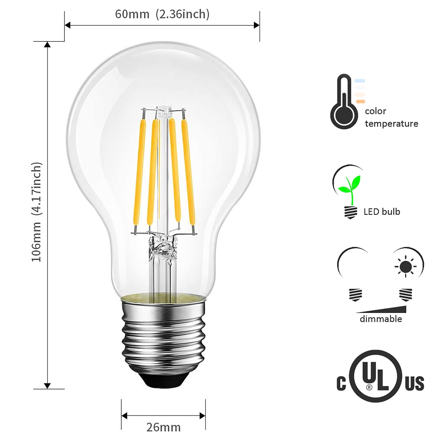 8W A60 Dimmable LED Bulb 2700k Medium Base