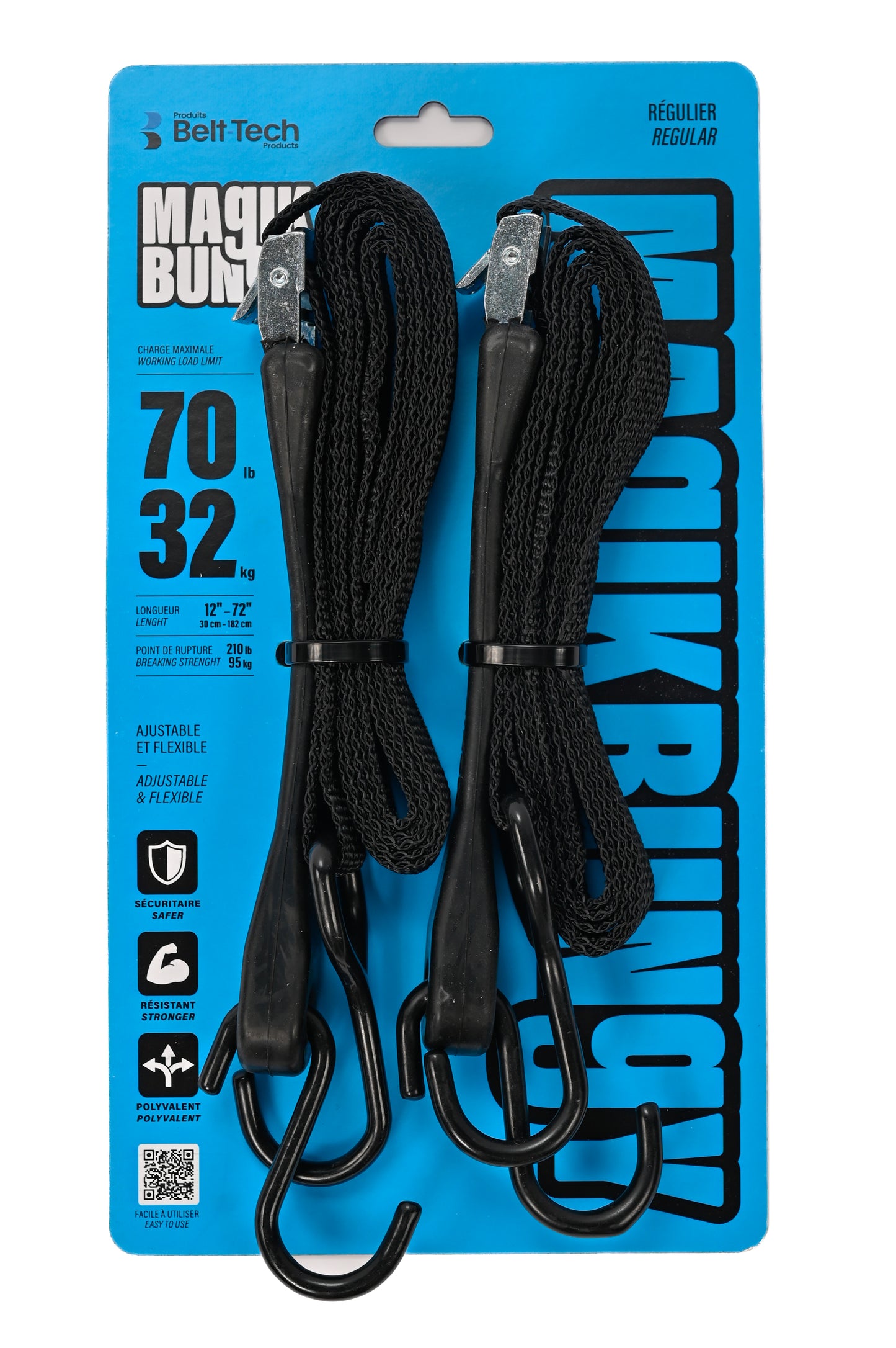 Magik Bungy, rubber bungee with ajustable strap, attach 12'' to 72'' pack of 2