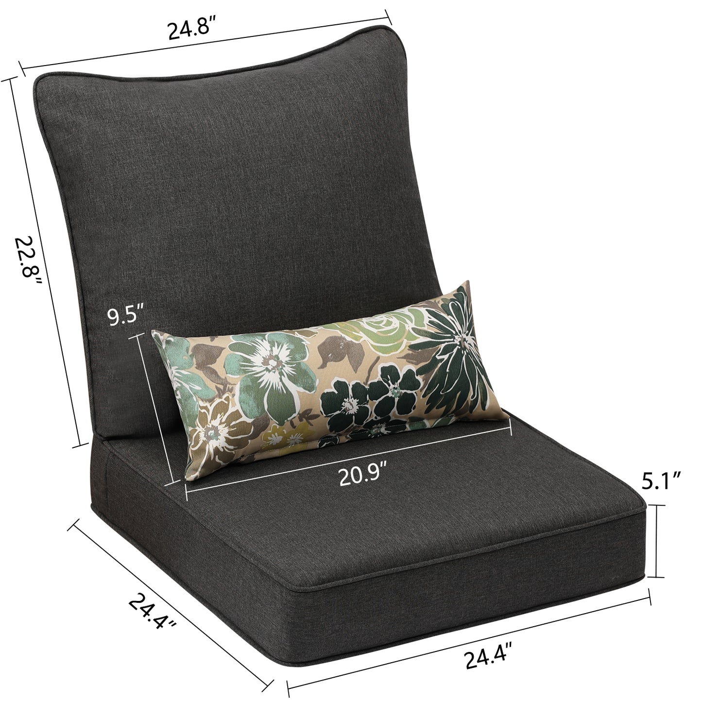 Patio Deep Chair Cushion - Set of 2 - Total 6 pieces (Charcoal)