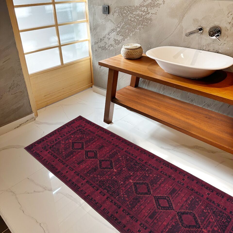 Playa Rug Machine Washable Area Rug With Non Slip Backing - Stain Resistant - Eco Friendly - Family and Pet Friendly - Olympus Turkoman Bokhara Oriental Burgundy Design