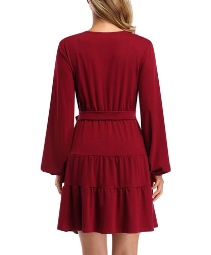 YESFASHION Women's Wrap Flare Skirt Balloon Sleeve Mini Dress Red