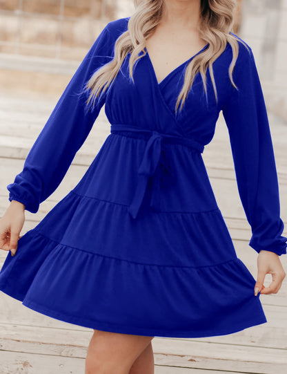 YESFASHION Women's Wrap Flare Skirt Balloon Sleeve Mini Dress Blue