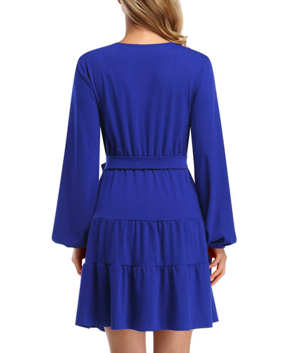 YESFASHION Women's Wrap Flare Skirt Balloon Sleeve Mini Dress Blue