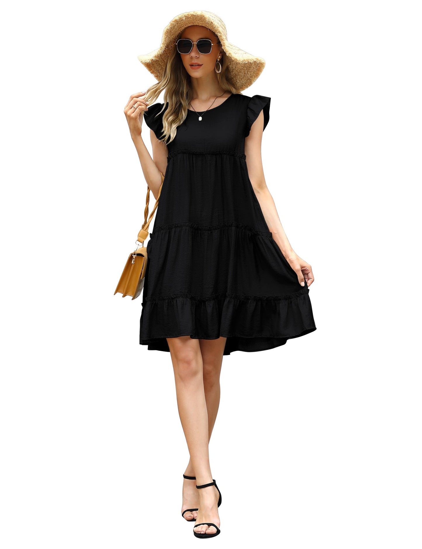 YESFASHION Women's Ruffle Sleeve Round Neck Babydoll Pleated Dress Black