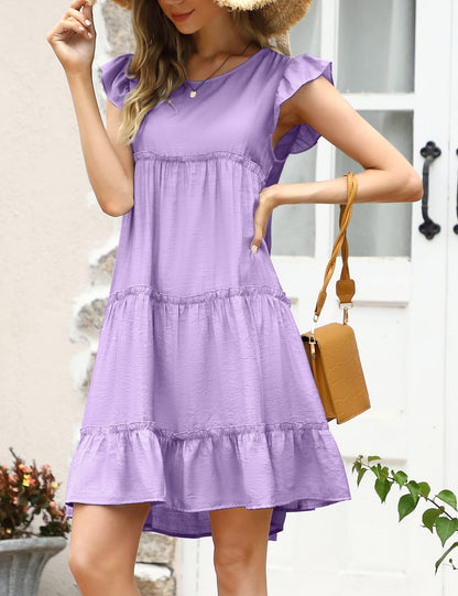 YESFASHION Women's Ruffle Sleeve Round Neck Babydoll Pleated Dress Purple