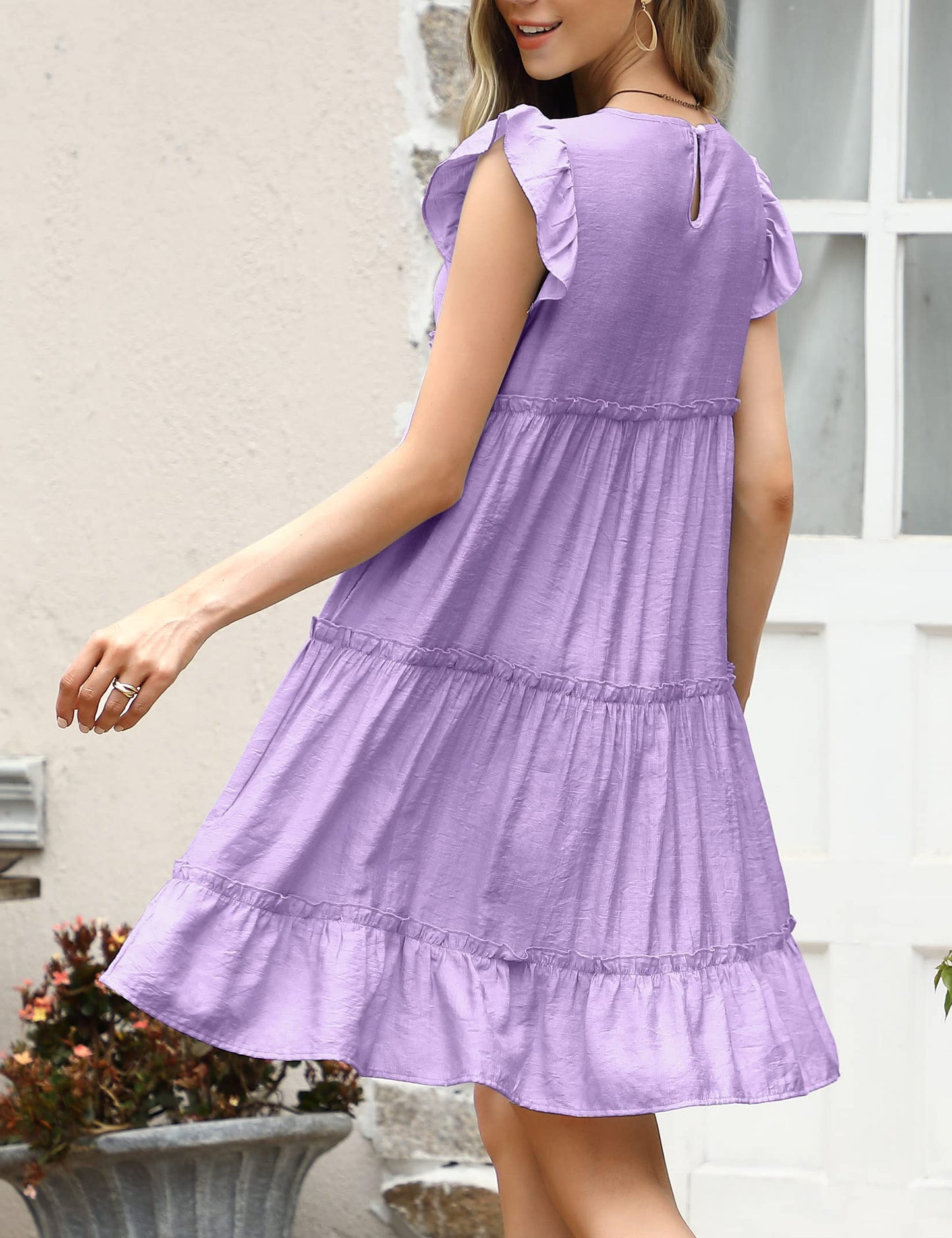 YESFASHION Women's Ruffle Sleeve Round Neck Babydoll Pleated Dress Purple