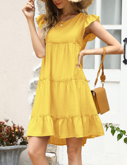 YESFASHION Women's Ruffle Sleeve Round Neck Babydoll Pleated Dress Yellow