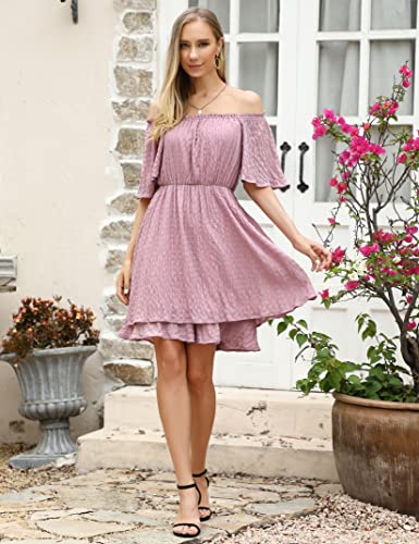 YESFASHION Mesh Fabric Off Shoulder Tunic Mini Dress Pink