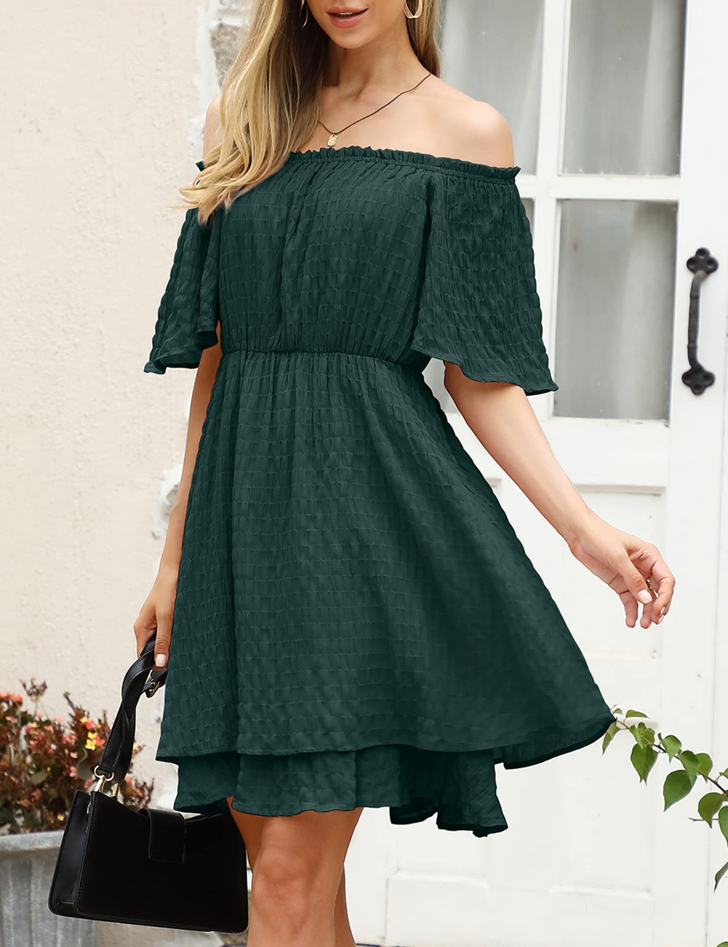 YESFASHION Mesh Fabric Off Shoulder Tunic Mini Dress Green