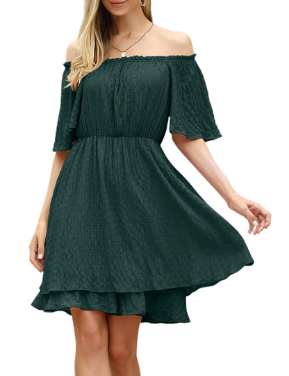 YESFASHION Mesh Fabric Off Shoulder Tunic Mini Dress Green