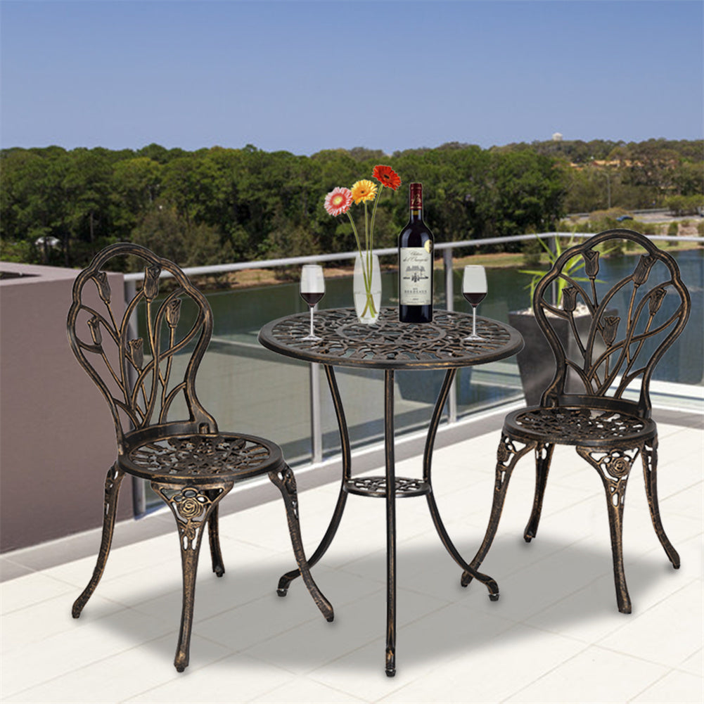 AMYOVE 3pcs Tulip Bistro Set European Style Cast Aluminum Bronze Color Outdoor