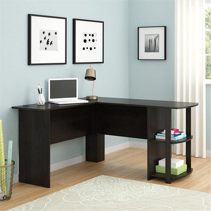 AMYOVE L-shaped Wooden Right Angle Computer Desk With Two-layer Bookshelves