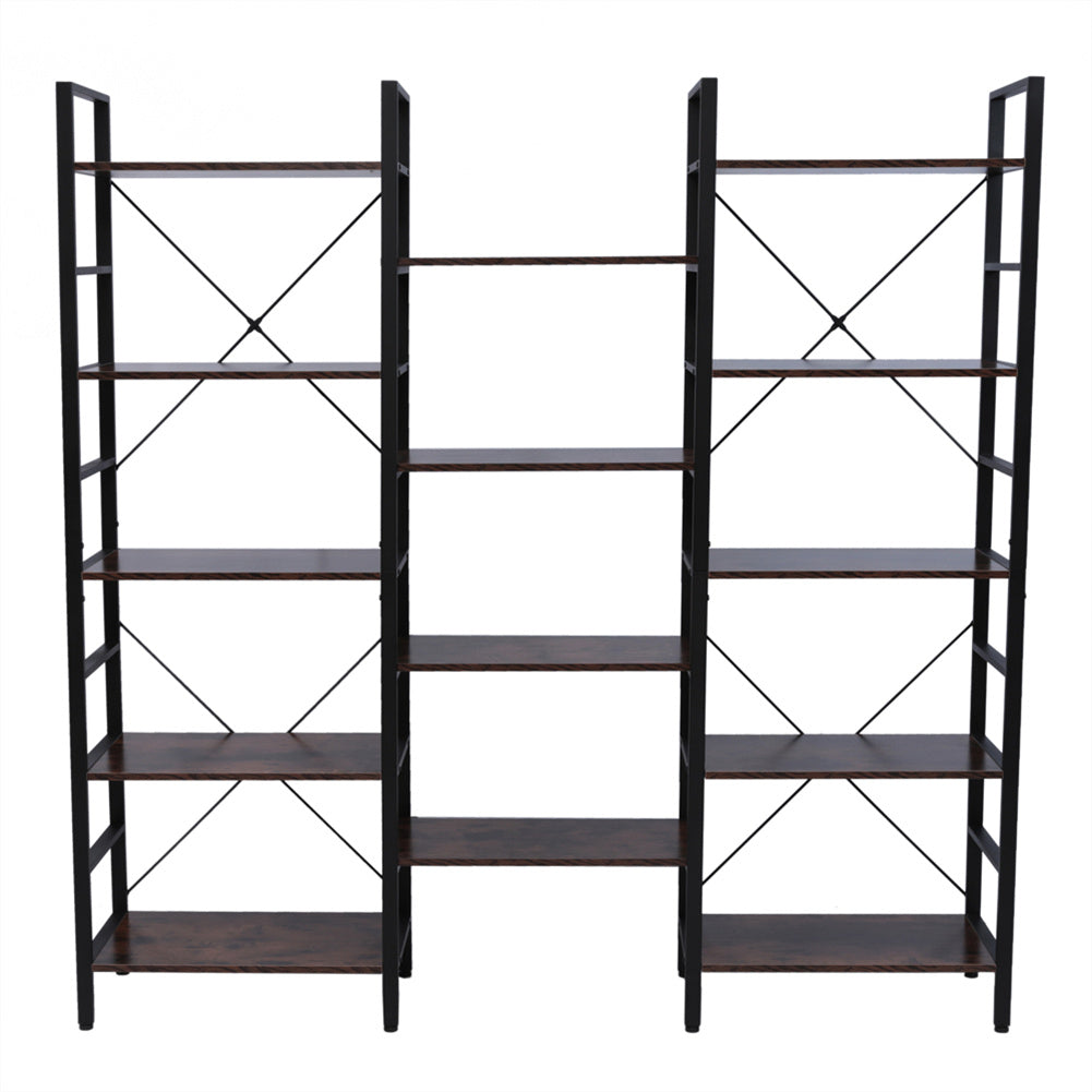 AMYOVE Triple Wide 5 Tier Bookshelf Industrial Style Multipurpose Storage Rack Bookcases