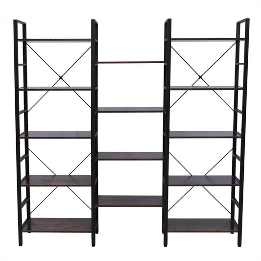 AMYOVE Triple Wide 5 Tier Bookshelf Industrial Style Multipurpose Storage Rack Bookcases