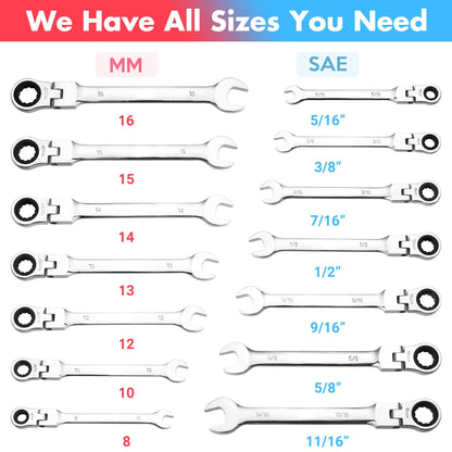 GARVEE 14-Piece Flex-Head Ratcheting Wrench Set