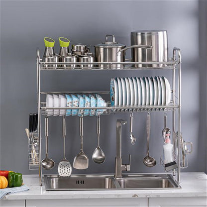 RONSHIN Double Layer Bowl Rack Shelf Dish Drainer 90cm Inner Length Kitchen Organizer Silver