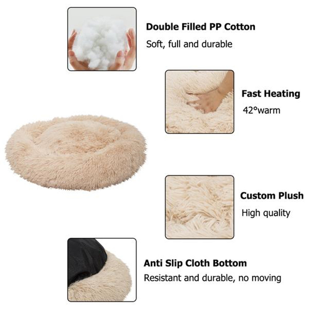 BEESCLOVER Round Plush Pet Bed Fluffy Soft Warm Calming Bed Dog Cat Sleeping Nest Khaki