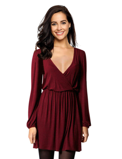 YESFASHION Women V-Neck A-Line Solid Plain Party Casual Mini Dress Brown