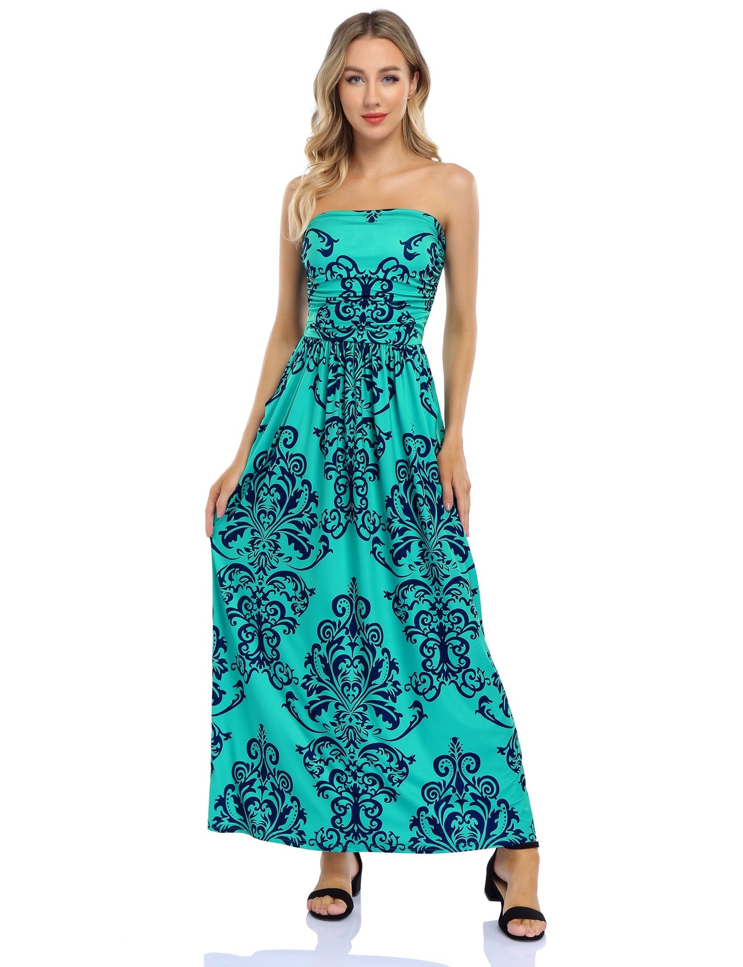 YESFASHION Women's Strapless Graceful Floral Party Maxi Long Dress Dark Blue