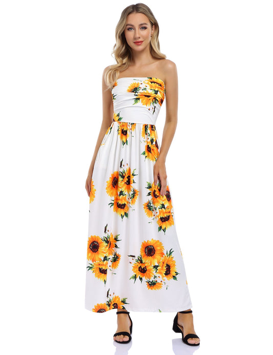 YESFASHION Women's Strapless Graceful Floral Party Maxi Long Dress White