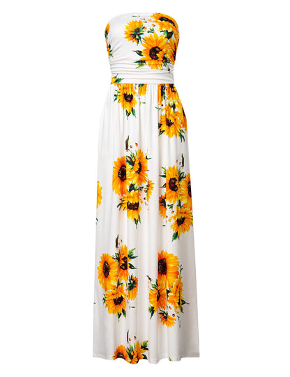 YESFASHION Women's Strapless Graceful Floral Party Maxi Long Dress White