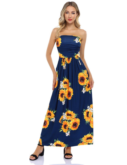 YESFASHION Women's Strapless Graceful Floral Party Maxi Long Dress Pineapple flower