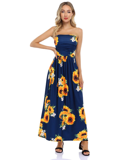 YESFASHION Women's Strapless Graceful Floral Party Maxi Long Dress