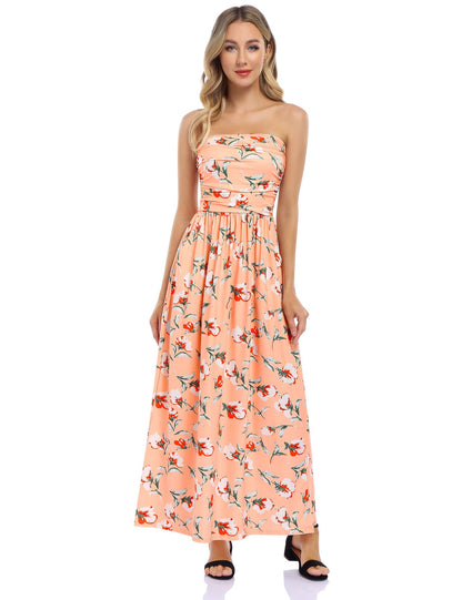 YESFASHION Women's Strapless Graceful Floral Party Maxi Long Dress Orange Pink