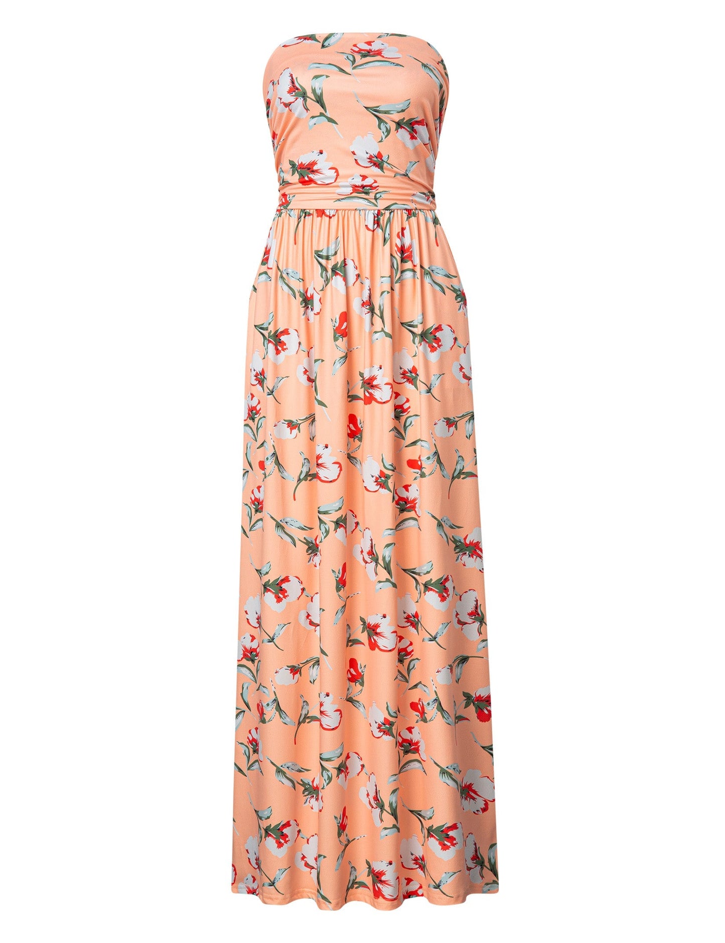 YESFASHION Women's Strapless Graceful Floral Party Maxi Long Dress Orange Pink