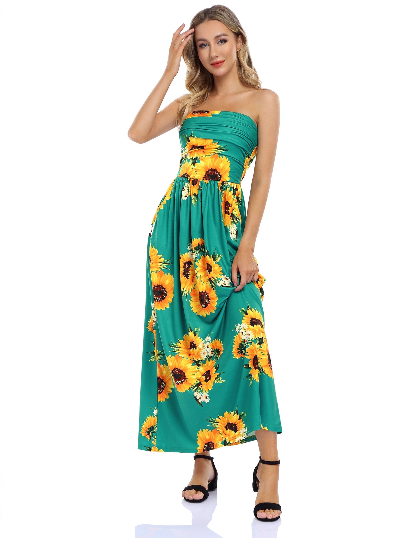 YESFASHION Women's Strapless Graceful Floral Party Maxi Long Dress