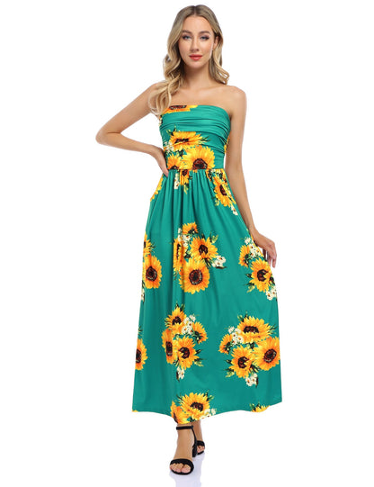 YESFASHION Women's Strapless Graceful Floral Party Maxi Long Dress Yelllow