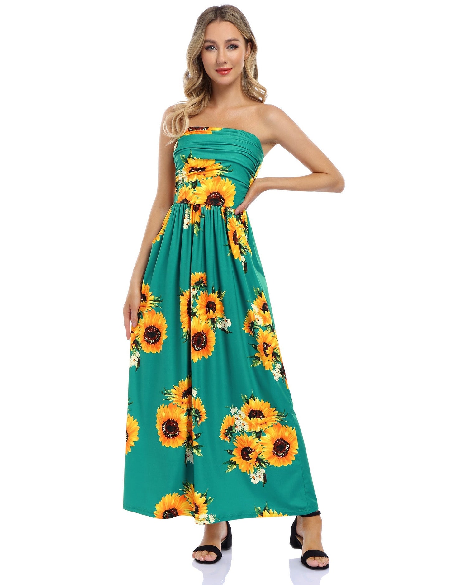 YESFASHION Women's Strapless Graceful Floral Party Maxi Long Dress Green