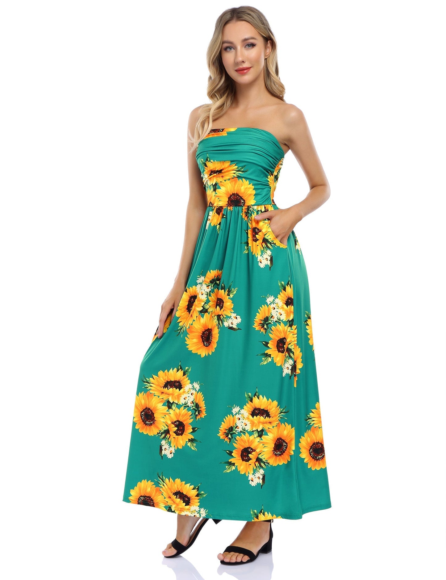 YESFASHION Women's Strapless Graceful Floral Party Maxi Long Dress Green