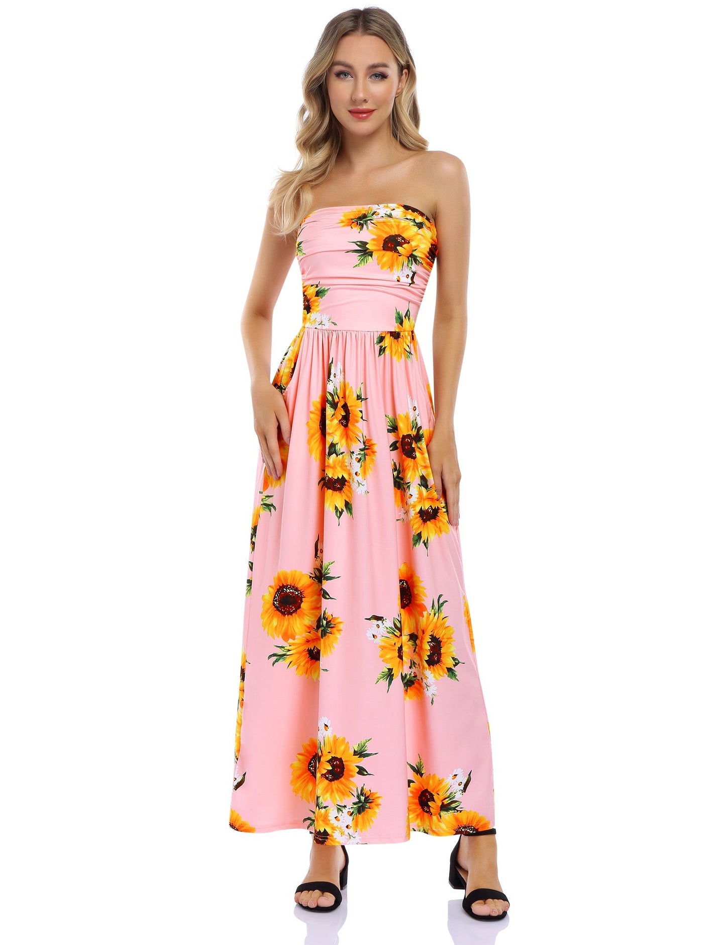 YESFASHION Women's Strapless Graceful Floral Party Maxi Long Dress Orange Pink