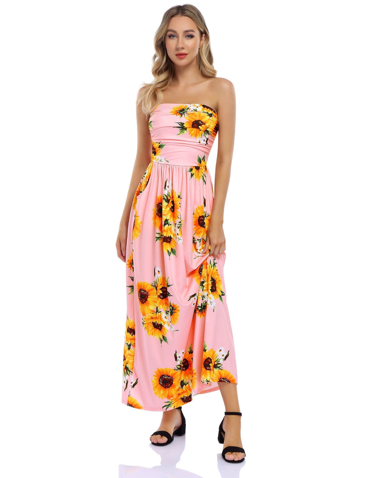 YESFASHION Women's Strapless Graceful Floral Party Maxi Long Dress Canna Black