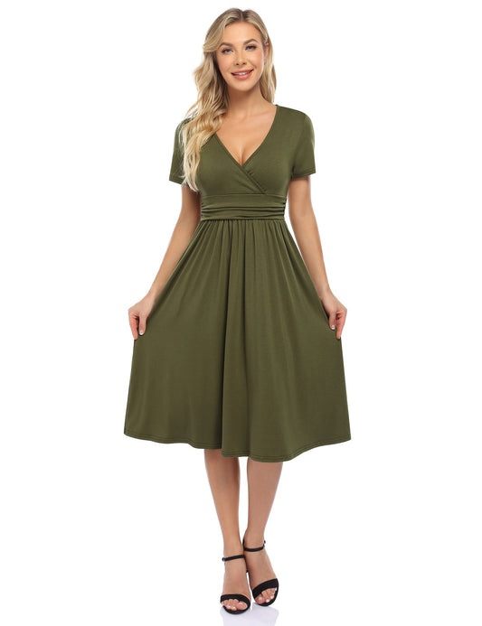 YESFASHION Women's V-neck Casual Dress Green